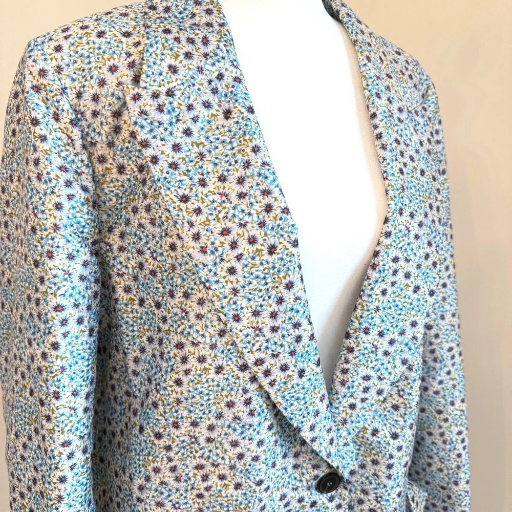 Zara Floral Blazer Womens XL Blue Ditsy Print Lightweight Spring Jacket Boho - Picture 4 of 9